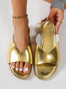 2-Way Wear Women Summer Slippers, New Toe-Ring Flat Sandals, Fashion Versatile Flat Heel Beach Slides - Gold - View 9