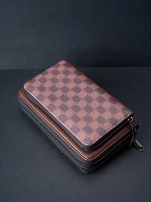 HOVI'S 男士三拉链手拿包，棕黑色棋盘格纹荔枝纹皮革 - 配有腕带，大容量隐藏式现金槽、卡槽、身份证夹层和手机隔层，新年礼物/情人节礼物 - 棕色 - 查看 3