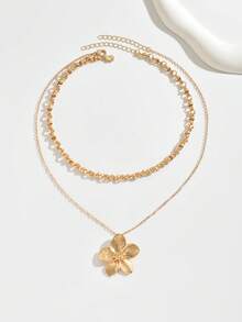 2pcs/Set Summer Elegant Gold Metal Flower Pendant Necklace, Minimalist Handmade Chain Necklace Suitable For Women's Daily Wear, Beach, Travel, Date, Music Festival - Gold - View 2