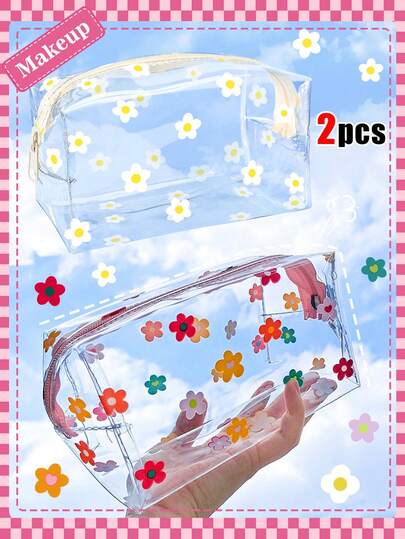 2pcs Large Capacity Floral Pattern PVC Cosmetic Bag, Transparent Portable Travel Plastic Zipper Pouch, Multi-Functional Toiletry Storage Bag, Makeup Case, Skincare Organizer, Travel Essential, Bridesmaid Gift