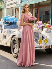 无袖雪纺伴娘礼服，优雅长裙，不对称领口，胸部褶裥设计，高开衩细节 - 粉色 - 查看 6