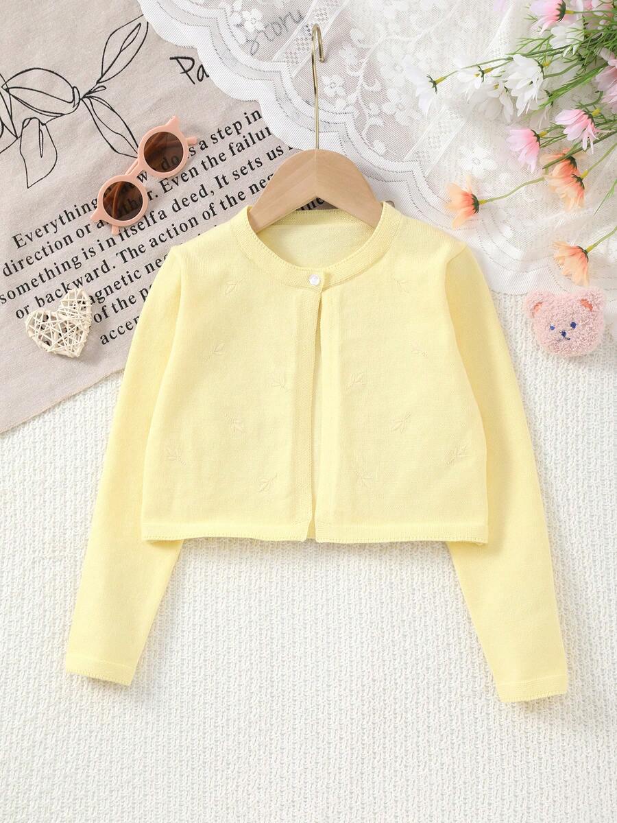 Áo khoác cardigan dệt kim cổ tròn thanh lịch dành cho bé gái với họa tiết thêu lá. - Màu vàng - Xem 1