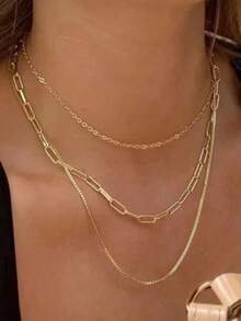 Nooxian 3Pcs Set Fashion Simple Multi Layered Link Chain Necklace Niche Premium Neck Chain For Sweaters Daily Wear Party Gift Women Girls 2024 New Arrival EOYE - Vàng - Xem 1