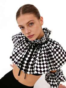 1 Set Black & White Plaid Detachable Collar, Clown Costume Accessory With Plaid Pattern Collar, Unisex Clothing Accessory - 黑色 - 查看 3