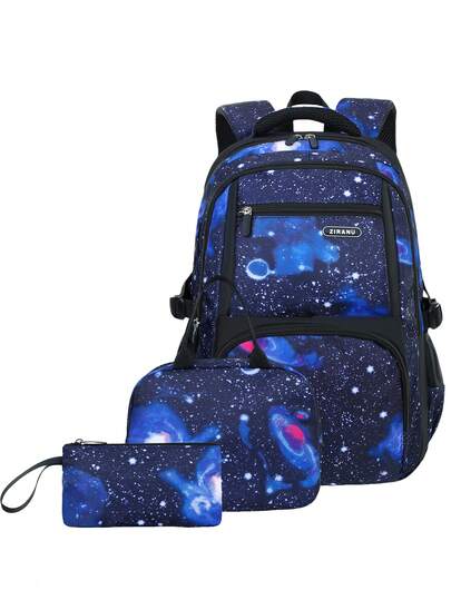 3pcs Set Backpack With Random Starry Sky Print, Large Capacity Multi-Pocket Lightweight Backpack, Luggage Strap, Fits 15.6" Laptop, Suitable For School, Travel, Gift For Back To School