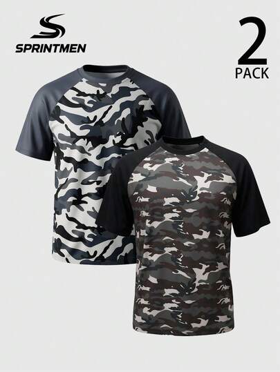 两件装男士迷彩印花插肩袖T恤，轻盈透气短袖T恤，休闲运动上衣，适合街头穿搭、健身训练和夏季户外活动