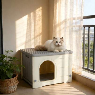 Outdoor Indoor Cat House Waterproof - Easy Assembly No Tools Required Cat Shelter, HDPE Weatherproof Pet House With Removable Lid For Stray Cats, Cozy Bed For Small Pets