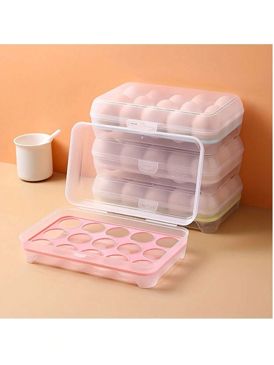 [Random 3 Colors/Styles] 15-Grid Plastic Egg Storage Box, Refrigerator Egg Holder, Portable Egg Organizer - Multicolor - View 1