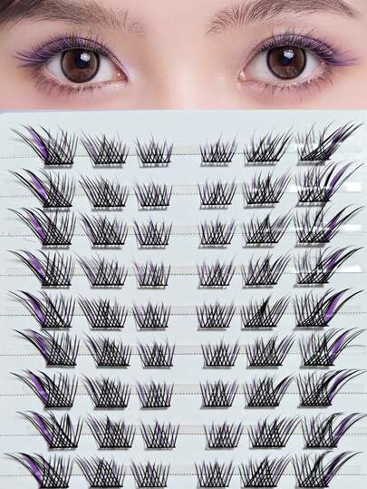 60pcs Purple Sujata Fox Cluster Segmented Eyelashes, With Natural Black Lashes Accented By Purple Lashes For Layered Eye Makeup With A Lively Atmosphere. C-Curl Fluffy Lashes.
