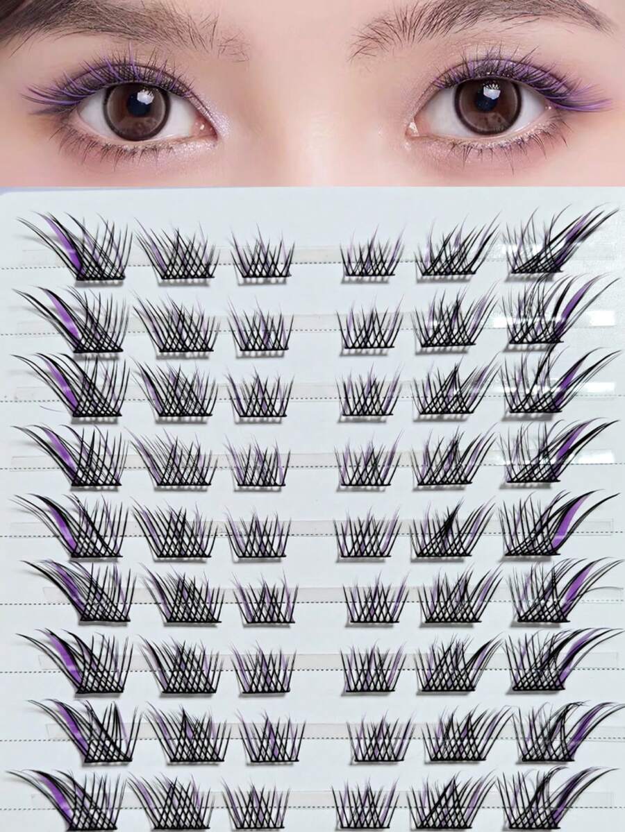 60pcs Purple Sujata Fox Cluster Segmented Eyelashes, With Natural Black Lashes Accented By Purple Lashes For Layered Eye Makeup With A Lively Atmosphere. C-Curl Fluffy Lashes. - C - View 1