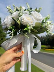 1 bó hoa cưới giả gồm hoa hồng, lúa mì và lá xanh, phụ kiện hoa ren cho cô dâu, phù dâu, chụp ảnh cưới ngoài trời, ngày Valentine, tiệc cưới. - Nhiều màu - Xem 19