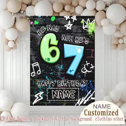 Customizable Name Street Graffiti Style Boy 6-7 Years Transition Birthday Theme Backdrop Banner Black Brick With Glow Accents: Stars, Crowns, Music Notes & Colorful Splatter Graffiti Elements Perfect For Birthday Parties, Street Chic Style Theme Backdrop Decor Photography Banner Vinyl