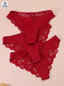 3 piezas Bragas de encaje sexy para mujer, ropa interior de seda - Multicolor - Ver 4