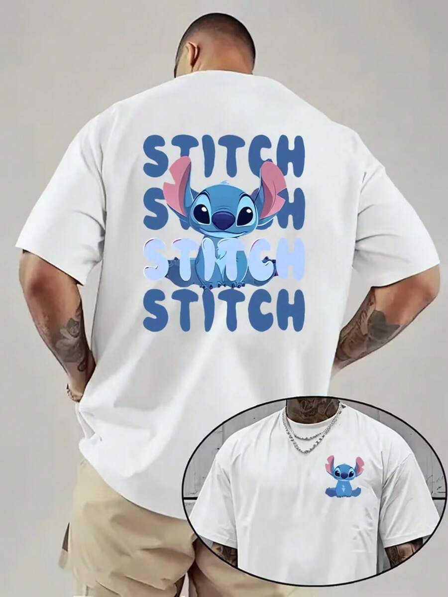 Disney Shi Dizai Men's Pattern T-Shirt-White Summer Short-Sleeved T-Shirt, Letter Design, Breathable Round Neck, Adult Loose Casual Shirt, Fan Products, Playful Design, Machine Washing. - 白色 - 查看 1