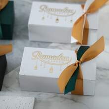 10pcs Eid Mubarak Candy Boxes - Gold Lantern & Crescent Moon Pattern, Rectangular Paper Boxes With Ribbons, Ramadan Holiday Party Candy Containers, Suitable For Eid Al-Fitr