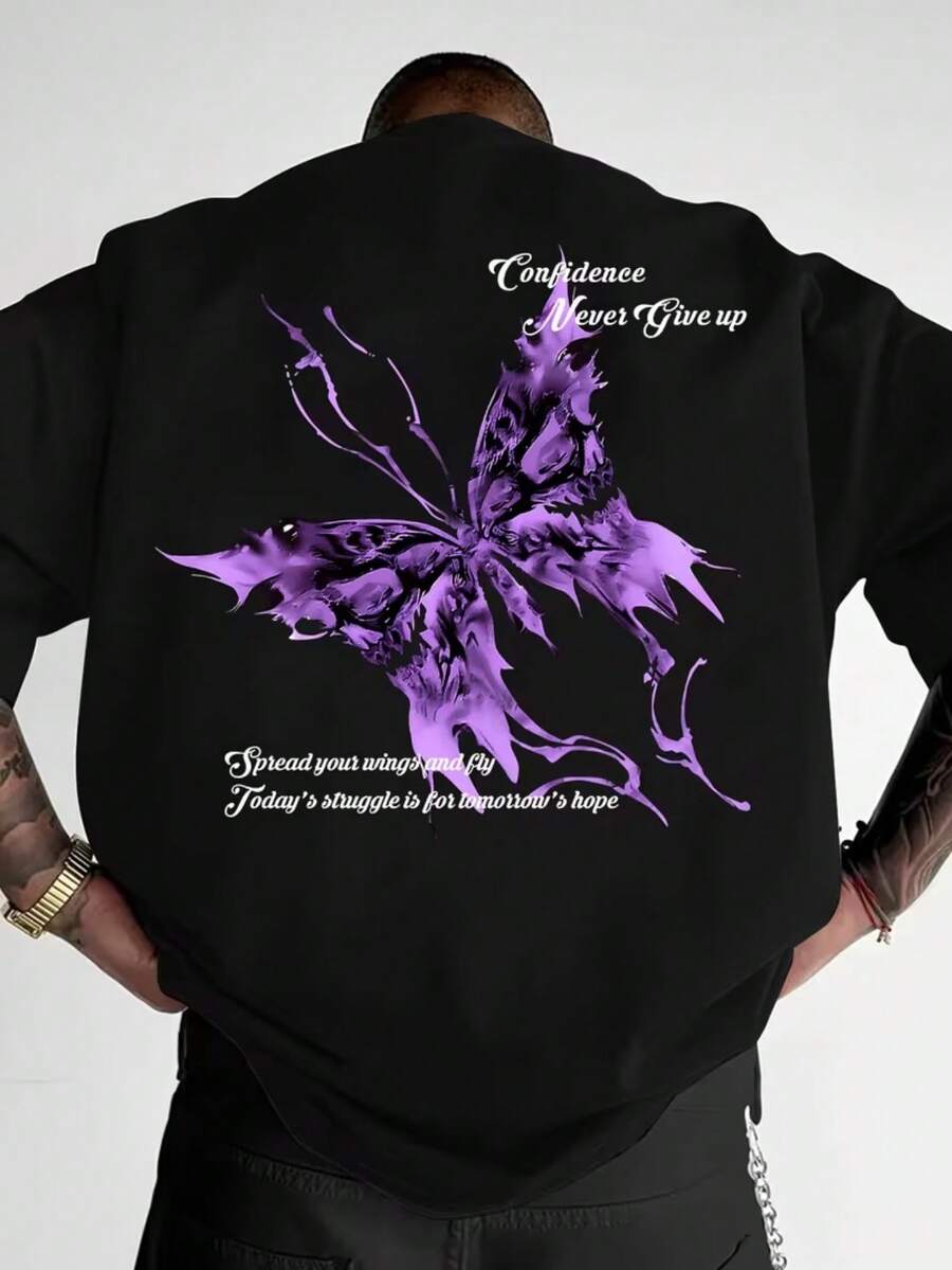 Purple Butterfly T-Shirt Unisex Men's/Women's Blouse 100% Cotton Premium Top Streetwear New Arrival Immediate Shipping Various Colors!! Plus Size - 黑色 - 查看 1