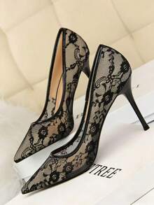 女士网眼镂空撞色蕾丝尖头细高跟鞋，黑色时尚优雅高跟礼服鞋，女士高跟鞋，优雅细跟鞋，正式场合鞋履，日常搭配，时尚完美鞋履 - 黑色 - 查看 5