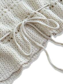 Women's Casual Elegant Versatile Streetwear Commute Vacation Picnic V-Neck Short Sleeve Hollow Drawstring Bow Tie Waist Cropped Sweater In Beige - Beige - View 9