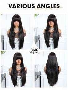 28 Inch Black Heat Resistant Synthetic Machine Wefted Bangs Wig, Elegant Style, Natural Fluffy And Soft Heat Resistant Synthetic Full Machine Wefted Wig, Suitable For Daily Wear, Music Festivals, Parties, Cosplay, Also A Great Gift For Friends - 黑色 - 查看 7