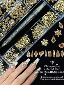 KIRAME 21 Compartments DIY Nail Art K9 Glass Champagne Flat Rhinestone Set - 30pcs High Gloss Rhinestones Per Compartment With 1 Drill Pen, Nail Gems, Nail Salon, Home Manicure, Nail Art Supplies, Christmas, New Year, Valentine's Day Nail Art, Holiday Gift, Suitable For Handicrafts, Clothing, Fabrics, Shoes, Glass Products, Jewelry Making - Multi-Size Sparkling Decorations Nail Rhinestones Nails - 香檳色 - 查看 4