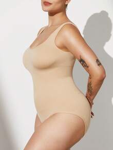 1pc Women Plus Size Seamless Bodysuit, Waist Cinching, Tummy Control, Butt Lifting - Apricot - View 9