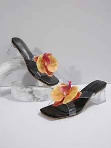 Giày sandal cao gót đế dày bằng nhựa PVC tuyệt đẹp, giày cao gót hở mũi đế dày họa tiết hoa mùa hè mới, sandal cao gót một quai. - màu đen - Xem 5