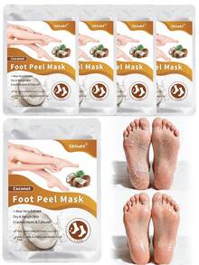 5双装足部去角质面膜，椰子足部去角质去角质，去除死皮并滋润护理，不含酒精，富含透明质酸和甘油，缓解干燥皲裂的脚后跟，软化粗糙的足部SPA袜 - 白色 - 查看 1