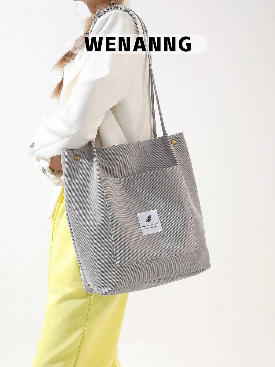 1 Túi đeo vai bằng vải nhung kẻ, túi mua sắm tái sử dụng, túi tote thường ngày, túi xách nữ, ấm áp mùa đông, họa tiết kẻ dọc đơn giản, chất liệu nhung kẻ, khóa bấm, túi tote một vai dành cho nữ, phù hợp cho sinh viên đại học, phù hợp cho mua sắm, phù hợp cho du lịch hàng ngày