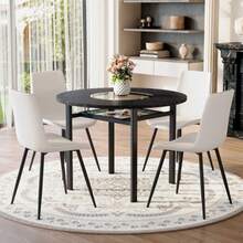 Modern Minimalist Round Table Set (With 4 Armchairs In Tech Fabric And Widened Comfort Seat Cushion), Round Table With 100 Cm Diameter In Black Wood Look, Suitable For Living Room, - white - 查看 5