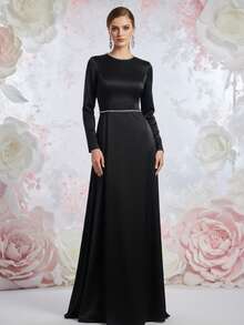 Classic Black Satin Long Sleeve Evening Gown With Beaded Waist, Fitted A-Line Floor Length Dress - Black - View 1