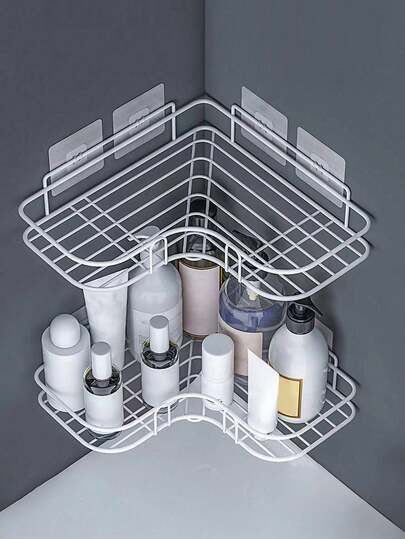 1pc Hole-Free Iron Storage Rack, Office/Bathroom Organizer Shelf, Bathroom Rack, Wall-Mounted, Bathroom Storage Cabinet, Kitchen Accessories, Kitchen Storage, Cosmetics Storage, Accessories, Bathroom, Shampoo, Toner, Cosmetics, Storage Rack, Bathroom Accessories, Stainless Steel Storage Rack, With Hooks, Suitable For Bathroom, Bedroom, Office, Adhesive-Free Sticker, Bathroom Supplies, Storage Bracket, Storage Box Supplies