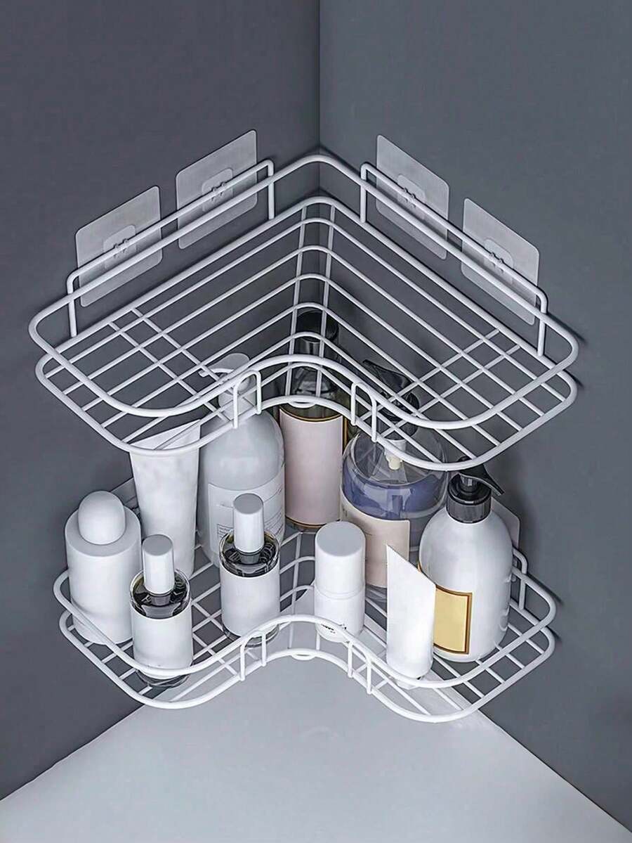 1个无孔铁艺置物架，办公/浴室收纳架，浴室置物架，壁挂式，浴室储物柜，厨房配件，厨房收纳，化妆品收纳，配件，浴室用品，洗发水，爽肤水，化妆品，置物架，浴室配件，不锈钢置物架，带挂钩，适用于浴室、卧室、办公室，免胶贴纸，浴室用品，收纳支架，收纳盒用品 - T - 查看 1