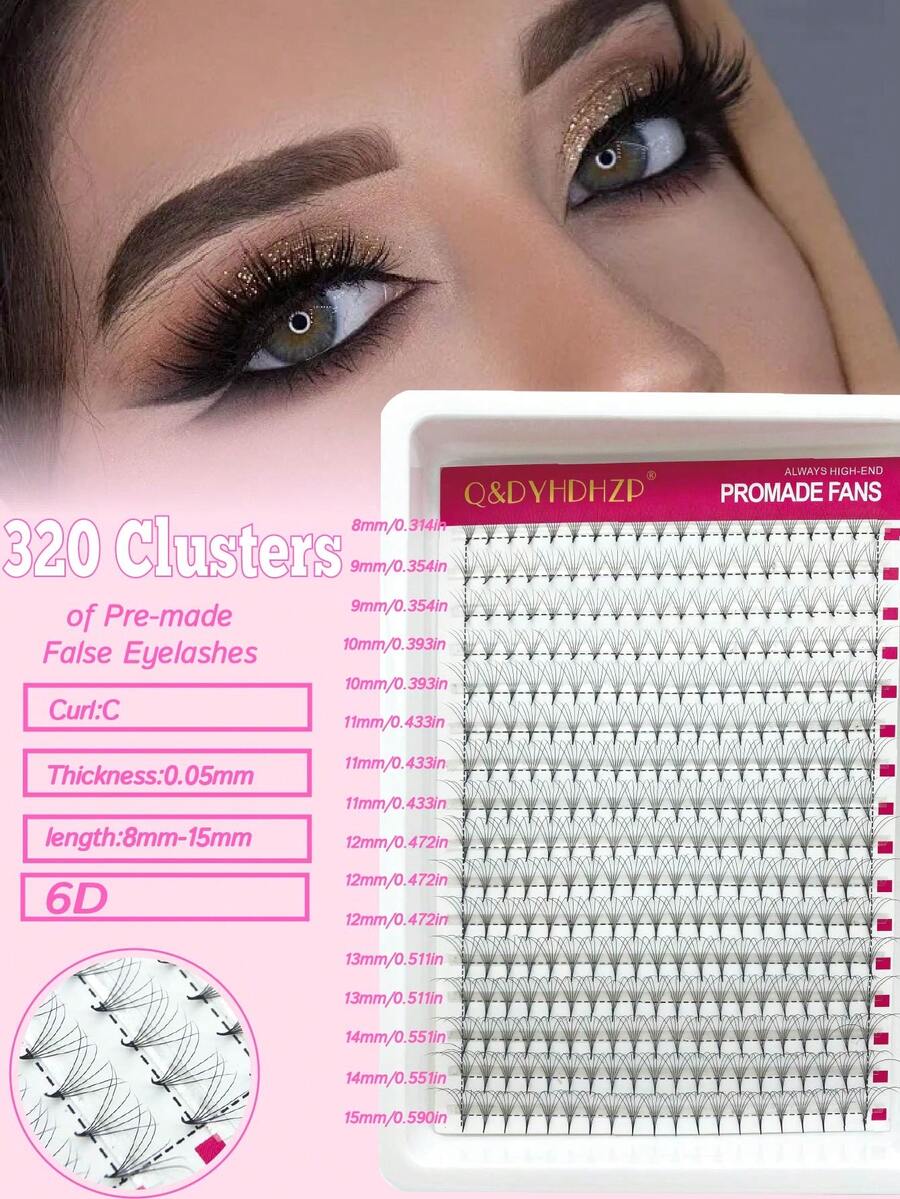 320 支预制睫毛嫁接 6D/10D/8-15mm 混合长度 预制睫毛簇 C 卷度 预制睫毛簇 尖头细底 手工浓密型 预制睫毛嫁接簇 - C - 查看 1