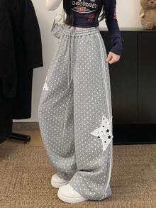 波点星形贴花蕾丝边休闲宽松直筒裤，女士款，轻盈透气，显瘦（随机星形图案）春季款 - 灰色 - 查看 3