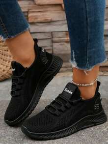 Zapatos De Tenis Antideslizantes Elásticos Para Mujer,Tenis de mujer, Negro Zapatos casuales de mujer, calzado informal,Zapatos Deportivos Casuales Para Mujer Con Malla Transpirable Elegante En La Parte Superior Y Suela Suave Para Correr Simples y Versátiles - Negro - Ver 2