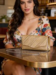 Textured Glitter Clutch Bag With Removable Crossbody Strap For Dinner, Wedding, Metallic Gold, Scratch Resistant, Perfect For Parties, Can Be Used As A Clutch Or Crossbody Bag, A Party Accessory. - Aleatório - 查看 3