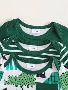 3件套婴儿可爱卡通恐龙条纹长袖连脚连体衣带口袋 - 綠色 - 查看 7