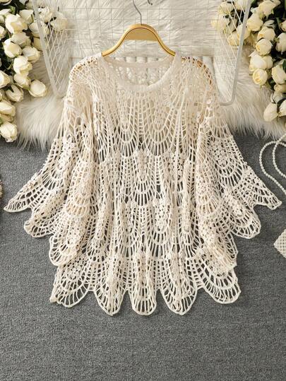 女士钩针圆领针织毛衣，春夏新款轻薄套头衫，适合通勤、度假、海滩穿着