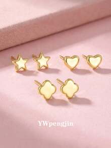 3 Pairs Versatile Minimalist Smooth Star/Heart/Clover Stud Earrings, Suitable For Girls Everyday Wear, All Seasons