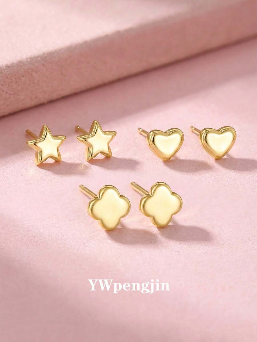 3 Pairs Versatile Minimalist Smooth Star/Heart/Clover Stud Earrings, Suitable For Girls Everyday Wear, All Seasons