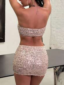 Women's Glitter & Sequin 2-Piece Set: Strapless Crop Top And Bodycon Mini Skirt, Shiny Summer Street Fashion, Stylish Events, Vacation, Nightclub Party, Minimalist Daily Wear - Champagne - View 2