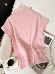 Plus Size Versatile Minimalist Spring/Summer New Casual Fashion Pink High Neck Sleeveless Sweater, Fashionable And Versatile, Suitable For Brunch Outfit - Pink - View 10