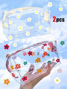 Conjunto de 2 Necessaires Grandes de PVC com Estampa Floral, Transparentes e Portáteis, com Zíper, para Viagem. Organizadoras Multifuncionais para Artigos de Higiene Pessoal, Maquiagem e Cuidados com a Pele. Essenciais para Viagem, Ótimas Opções de Presente para Madrinhas. - Multicolorido - Ver 10