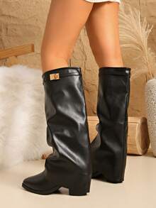 2026 Autumn/Winter & Spring/Summer New European & American Pointed Toe High Heel Boots, Slim Straight Leg Boots, Wedge Heel Riding Boots - Black - View 4