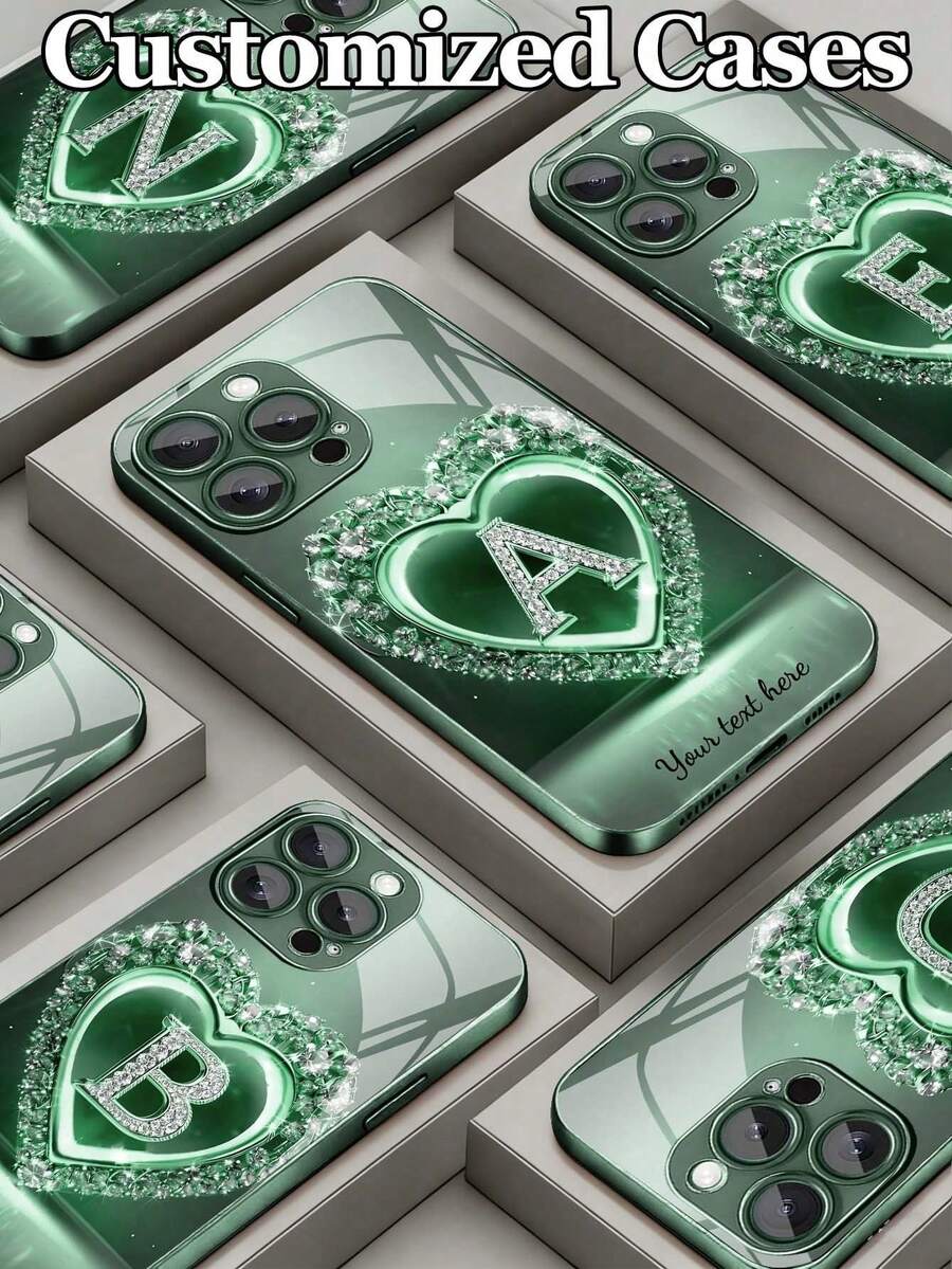Shockproof Heart Pattern 1pc Customizable 26 Letters & Name Design With Green Rhinestone Heart Pattern Tempered Glass Phone Case, Compatible With IPhone 17 Air/16 ProMax/15 Pro/14 Plus/13 Pro/12 Pro Max/11/Xs Max/8/7/6 Plus, S24 Ultra/S25 Ultra/A12, High-End Business Custom, Best Gift For Boyfriend, Girlfriend And Family, Birthday, Anniversary,International Version, Not The Domestic Version