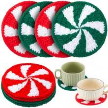Juego de 4 Posavasos Navideños de Ganchillo Hechos a Mano, Decoración de Mesa Rojo Blanco Verde para Fiestas y Hogar - 4 - Ver 2
