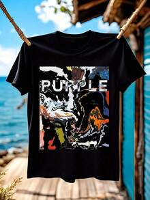 Men'S Designer Vintage Purple T-Shirt - Bold Graphic Tee With Abstract Purple Swirls, Black Shirt Casual & Formal Outfits - All-Season Everyday & Special Occasion Top - Modern Menswear Fashion Apparel, Versatile Clothing, Artistic Design, Comfortable Fabric, Stylish Top, Young Adults  Suitable For Holidays, Parties, Home Wear, Daily Commuting, Back To School, And Concert Outfits - 黑色 - 查看 1