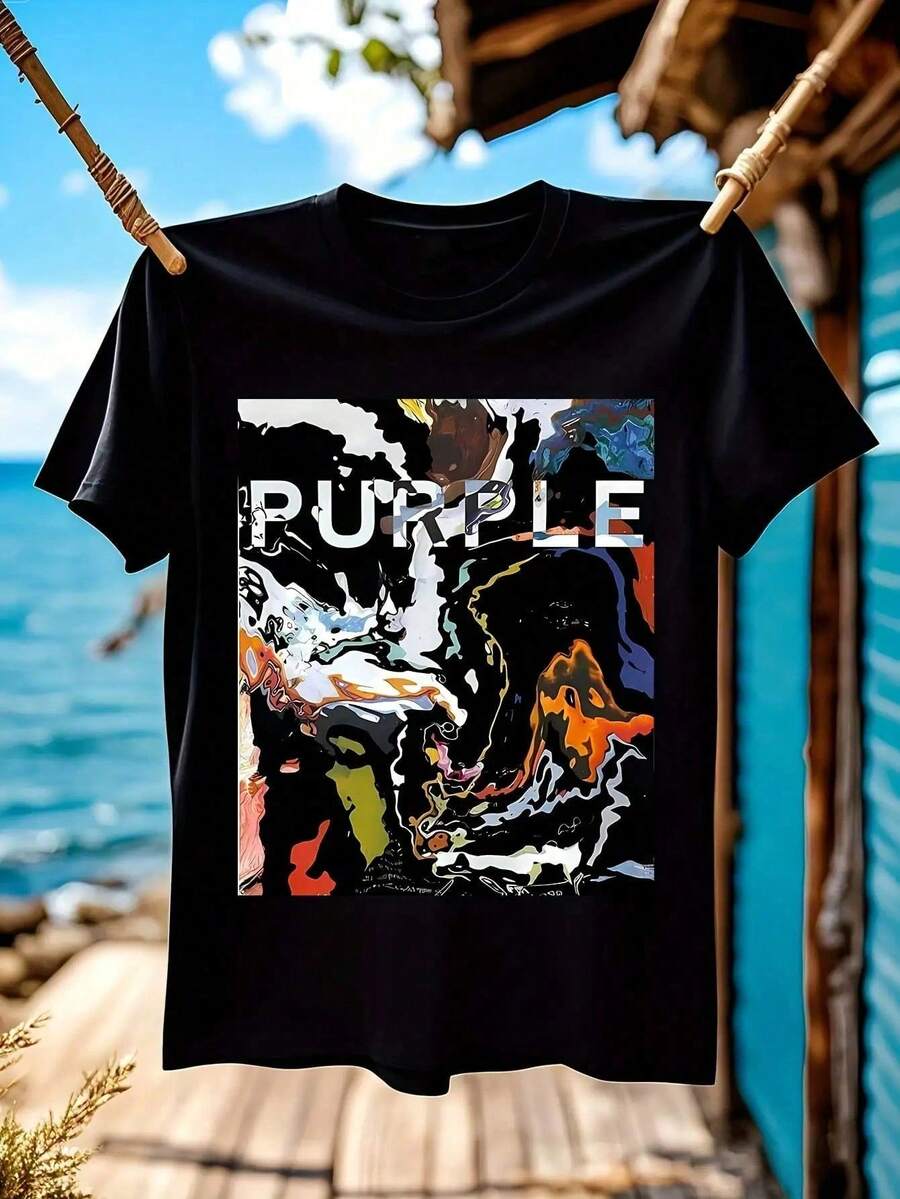 Men'S Designer Vintage Purple T-Shirt - Bold Graphic Tee With Abstract Purple Swirls, Black Shirt Casual & Formal Outfits - All-Season Everyday & Special Occasion Top - Modern Menswear Fashion Apparel, Versatile Clothing, Artistic Design, Comfortable Fabric, Stylish Top, Young Adults  Suitable For Holidays, Parties, Home Wear, Daily Commuting, Back To School, And Concert Outfits - 黑色 - 查看 1