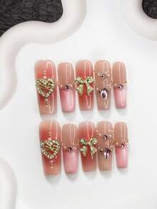 10pcs Set Luxury Social Celebrity Style Resin Nail Art Decorations, Including Gold Glitter Bowknot, Asymmetrical Purple Rhinestones, And Mixed Round Rhinestones Nails - Multicolor - View 17