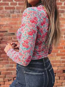 Acelitt Women's Rose Print Mesh Long Sleeve Stand Collar Slim Fit Pink Casual Top, Suitable For Daily Wear In Spring And Autumn Vacation - Multicolor - View 2